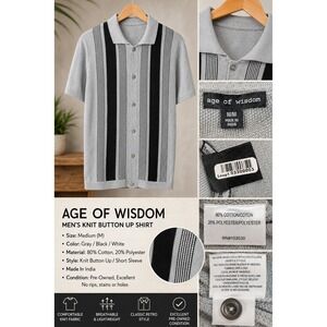 Age of Wisdom Mens Grey Knit Button Front Polo Shirt Vertical Stripes Size M